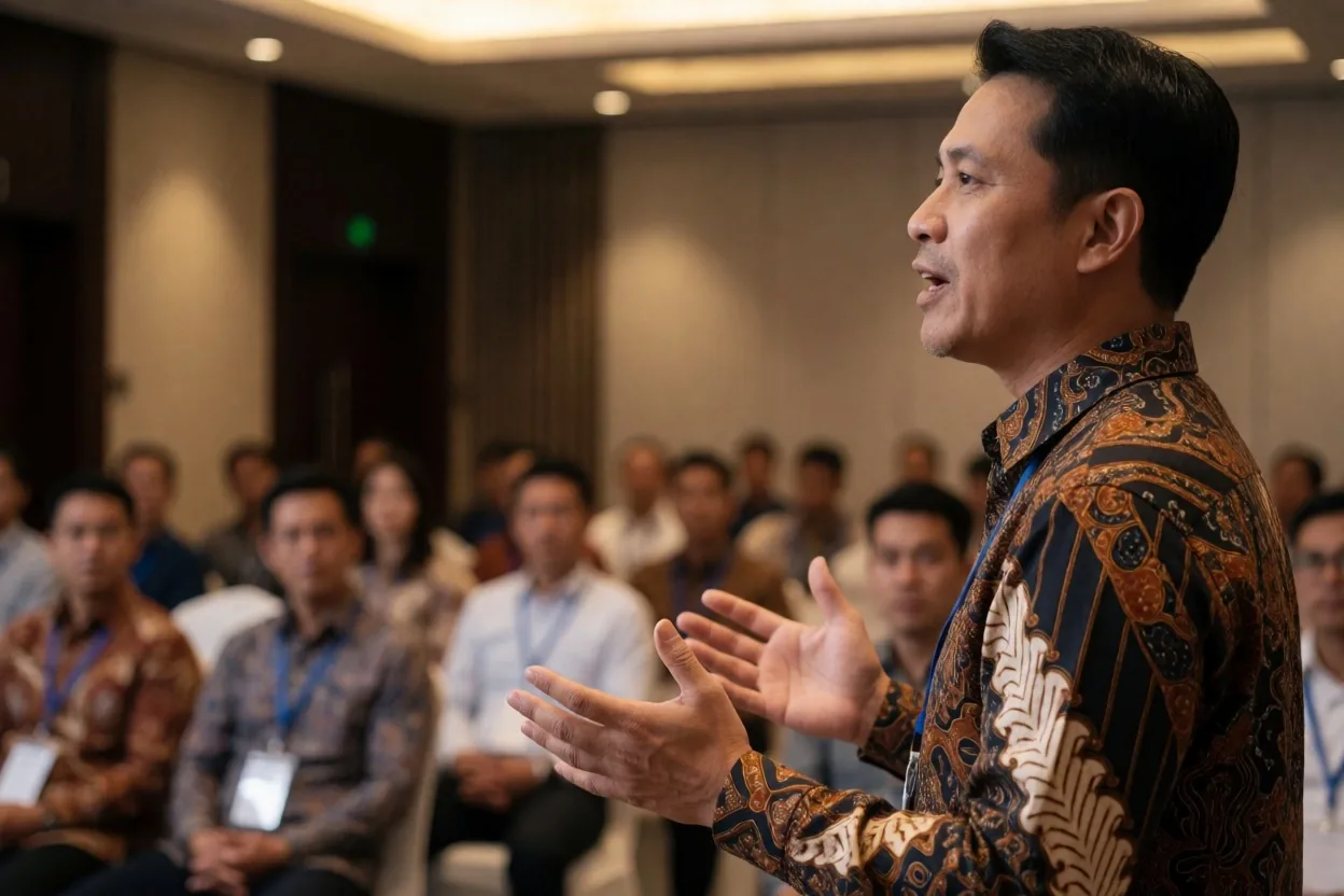 Draf pidato tersusun di atas meja kerja