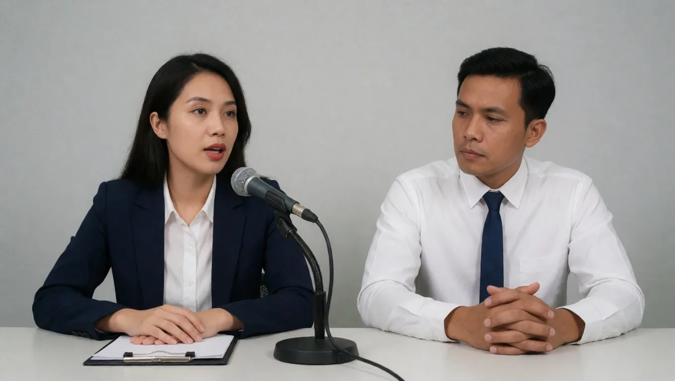 Simulasi konferensi pers di ruang kelas pelatihan