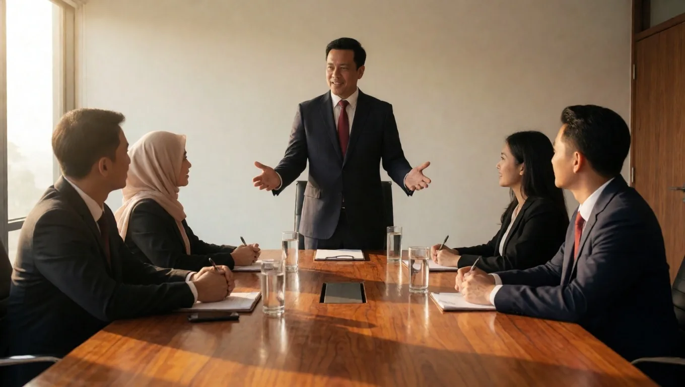 Eksekutif berlatih presentasi laporan di tingkat direksi